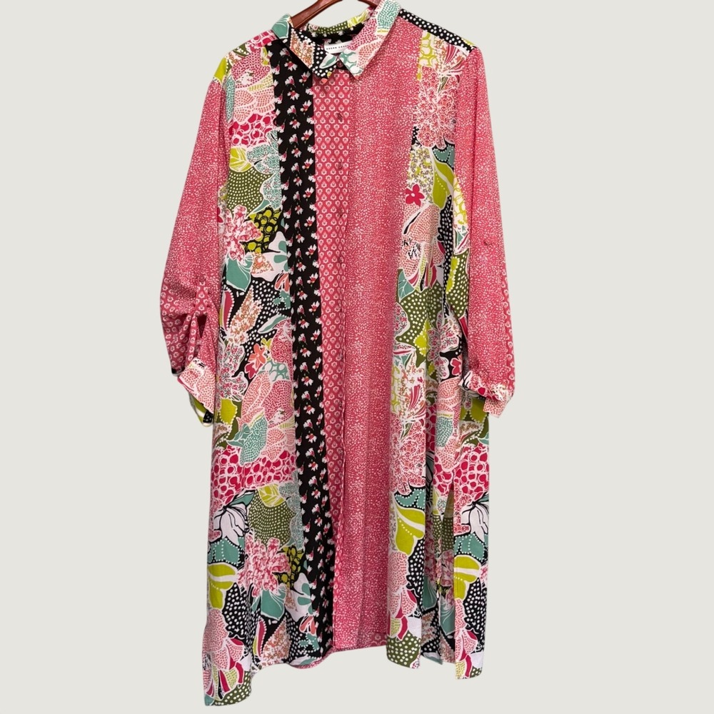 Susan Graver Pink Mixed Print Patchwork Button Front Shirt Dress Plus Size 3X